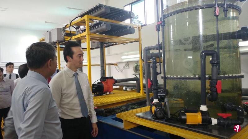 贸工部兼国家发展部政务部长许宝琨医生（右）为我国水产养殖业者Apollo Aquaculture与文莱企业在当地合资设立的垂直养鱼场主持动土仪式，并参观养殖设施。（国家发展部提供）