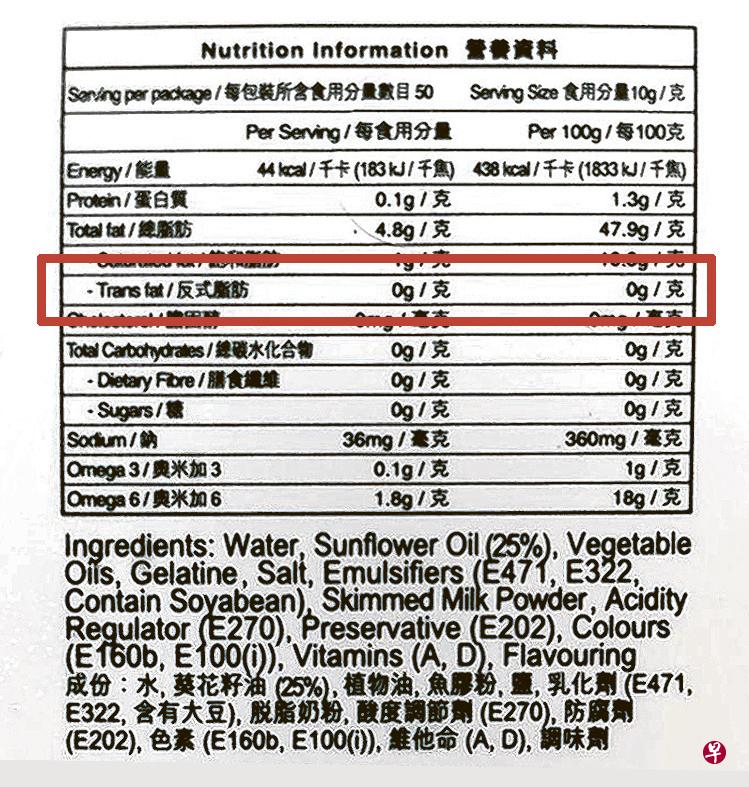 据农粮局规定，除非食品完全不含反式脂肪，否则不能在标签上标示“零反式脂肪”。图为其中一种被发现反式脂肪含量“名不副实”的Flora植物牛油产品。（消协提供）