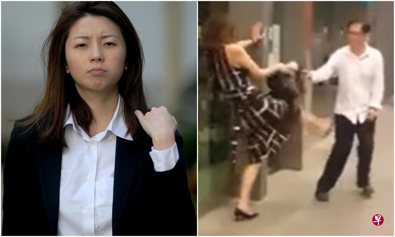 左图：被告今早穿上外套，衣着端庄现身国家法院。（海峡时报）　 右图：被告疑酒醉失态，不顾形象抬脚要踢人。（互联网） 