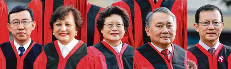 (左起)上诉庭法官潘文龙，上诉庭法官朱迪柏拉卡斯，高庭法官洪素燕，高庭法官罗赐安，高庭法官蔡利民。（档案照）