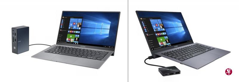 ASUSPRO B9440可搭配不同USB-C规格接口配件，例如SimPro插座（左图）和随机附送的迷你插座Mini Dock（右图）。（华硕提供）
