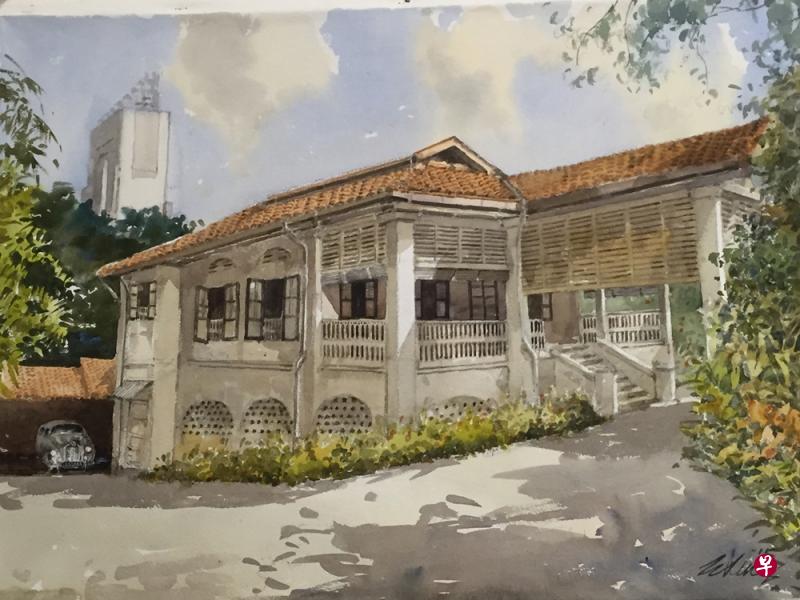 本地水彩画家王金成描绘李光耀故居实景。（图/王金成）