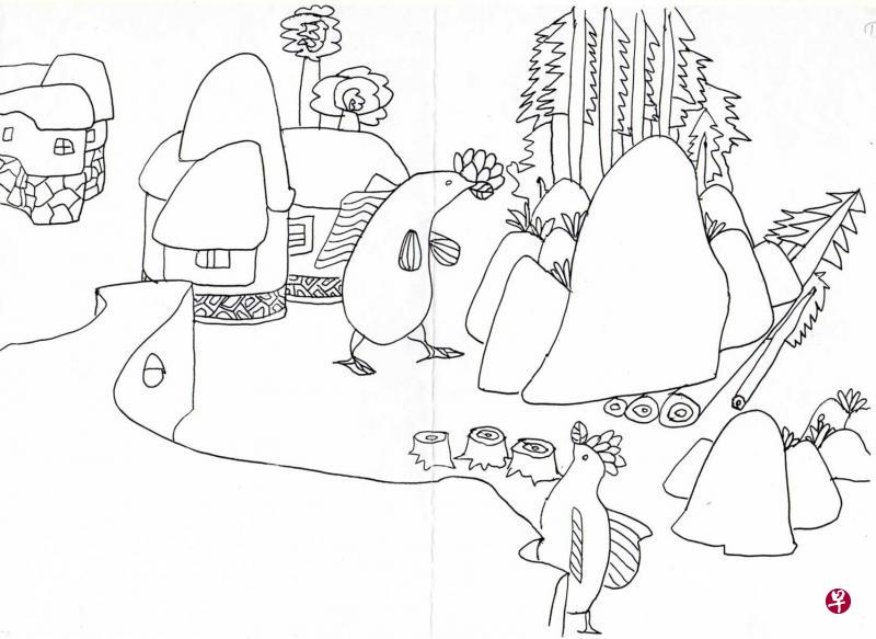 彥火注：顾城于1992－1993年寄了一组《房子》的图画给我，这是其中三幅。《房子》之一《叶公主》
