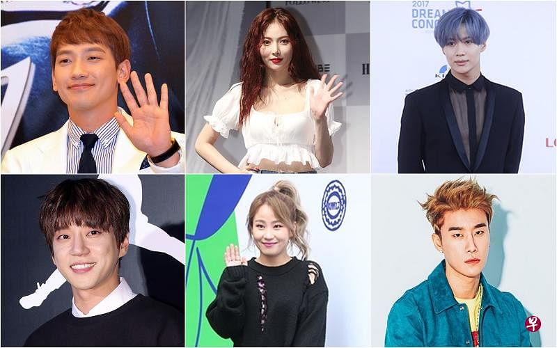 （左起）Rain、泫雅、SHINee成员泰民、黄致列、Urban Zakapa成员赵贤雅和San E加盟《THE UNIT》导师阵容。（图/档案照、bnt新闻和互联网）
