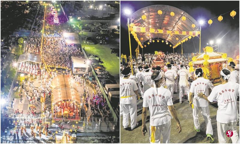 左图：后港斗母宫昨晚在榜鹅海边恭送九皇爷回銮，逾万信徒到场相送。（取自陈志伟面簿）　右图：数十名信徒轮流进行传统的舞神轿仪式。（摄影/吴伟国）