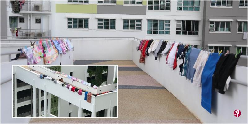七旬老妇在空中走道晾衣服，被指不雅观。小图：七旬老妇将衣物晾在连接文礼通道第261A座组屋和对面停车场的屋顶花园的空中走道。（受访者提供）
