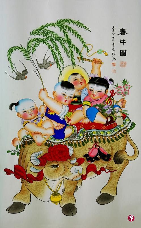 杨柳青年画《春牛图》寓意着丰收的希望、幸福的憧憬以及对风调雨顺的祈求。