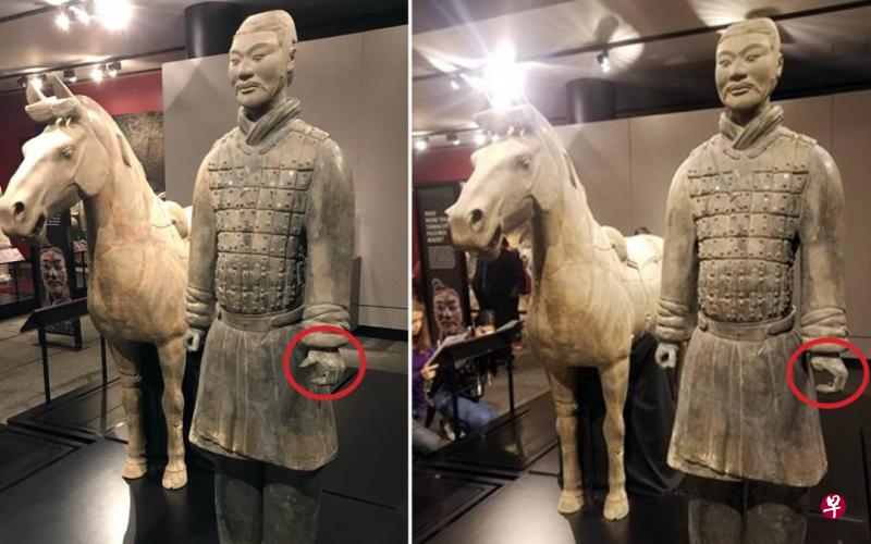 左手拇指被折断、盗走前后的参展兵俑。（互联网）