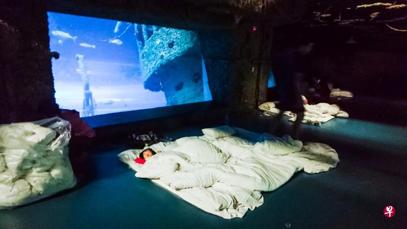 在沉船甲板区的夜宿地点。头顶上方不是3D屏幕，而是展示窗。