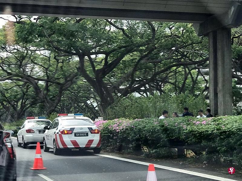 男子跳天桥，坠落在路隔上，惊动警方到场调查。（取自网络）