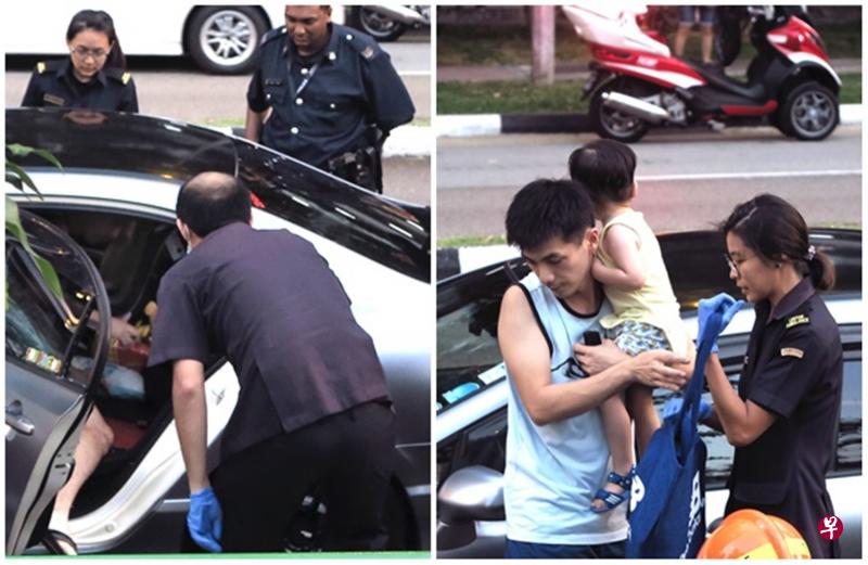 左图：车门打开的第一刻，救护人员立即检查男童，确保他没事。右图：3岁男童被父亲从车里抱出来时，已经热得满头大汗。（陈来福摄影）