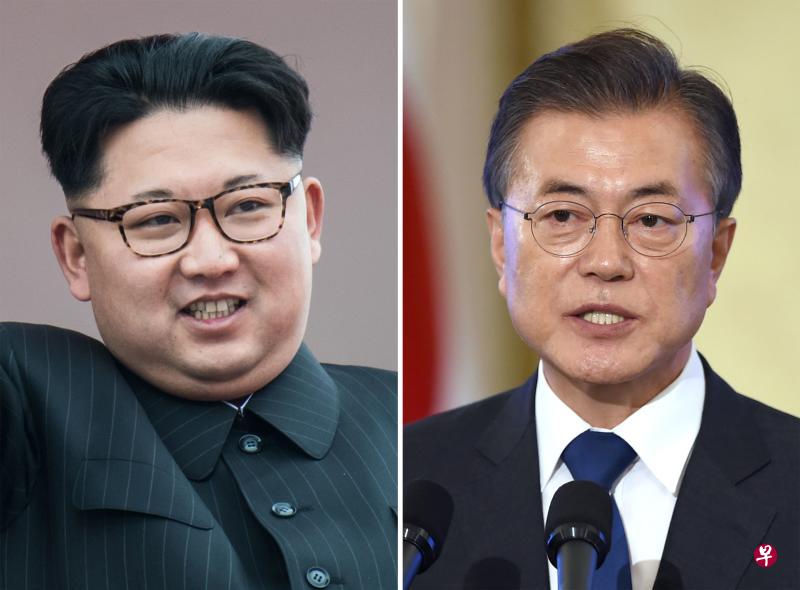 文在寅（右）据称将在韩朝首脑会谈上，向金正恩提议开设韩朝常设联络办事处。（法新社）
