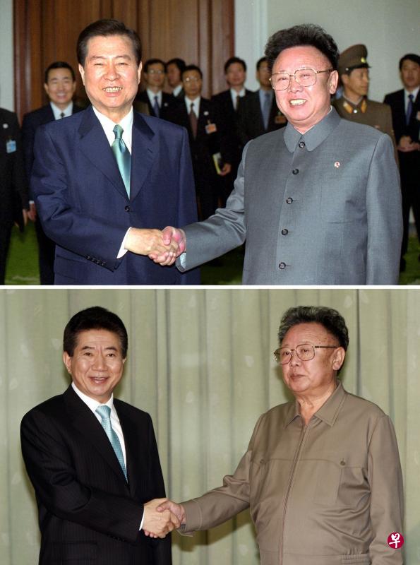 前两次的朝韩首脑峰会：2000年，金大中到平壤见金正日（左图）；2007年，卢武铉到平壤见金正日（右图）。（法新社）