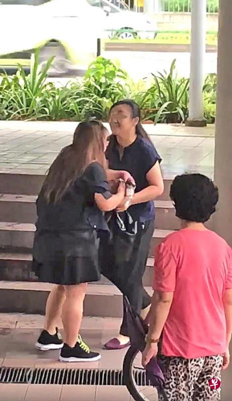 “三万嫂”（右）紧抓另一女子的手和手提袋不放，坚称对方骗了她三万元。（取自面簿）
