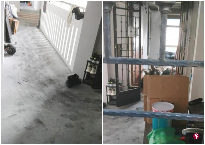 电动踏板车火患严重烧毁客厅内的家具，甚至一些电器都烧；走廊外留下许多焦黑的脚印。（受访者提供）