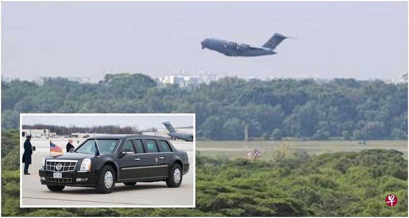 美军一架波音C-17环球霸王III运输机今早从巴耶利峇空军基地起飞，相信是负责载送特朗普的总统专车“野兽”（小图）来新加坡。（何炳耀摄 ／互联网）