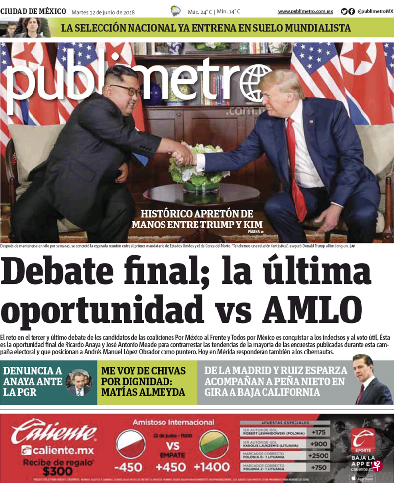 Publimetro Ciudad de Mexico 墨西哥《都市日报》：特朗普与金正恩历史性的握手。特朗普告诉金正恩：“我们将会有一段非常好（fantastic）的关系。” 
