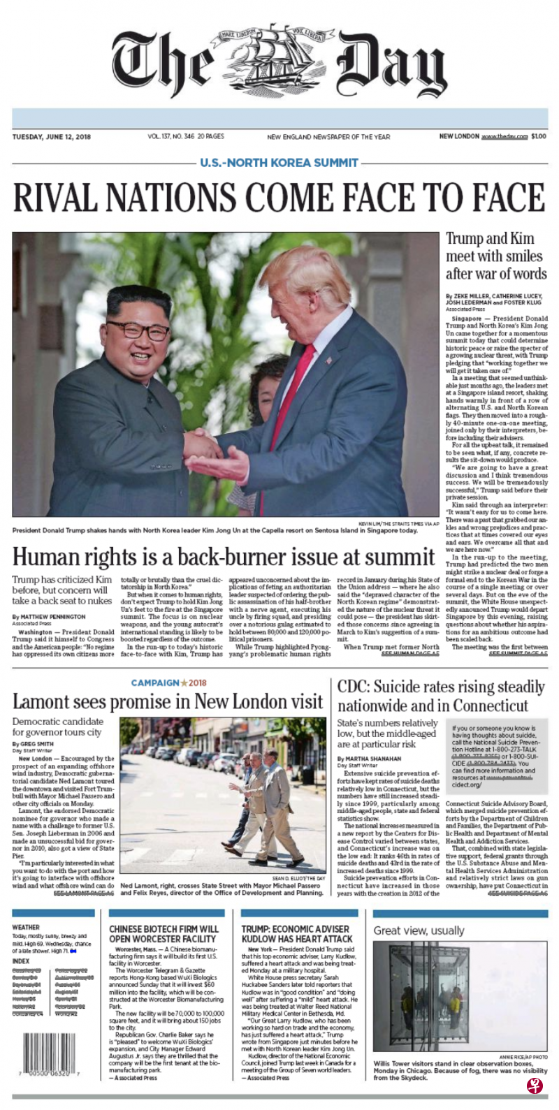 The Day 美国《The Day》：敌对国家面对面。特朗普和金正恩口水战后，面带微笑。镜头捕捉到特朗普和金正恩微笑握手的画面，让人瞬间忘了之前二人大打口水战。