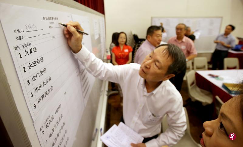 宗乡总会举行三年一次的换届选举，并在昨天的会员大会上为第二阶段理事选举开箱计票，这是计票时的情景。