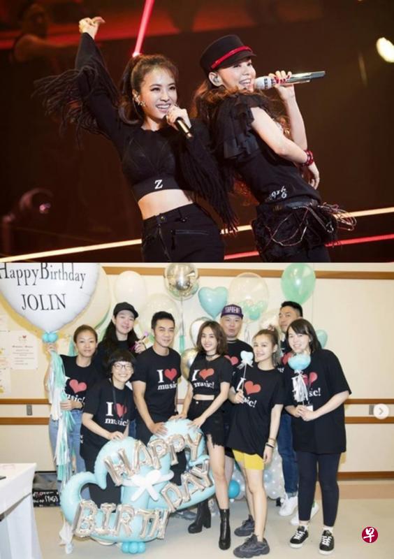 蔡依林（上图左）担任安室奈美惠引退演唱会嘉宾。下图为蔡依林手中紧抓着印有“Happy Birthday Jolin”字样的白色心形大气球灿笑。（互联网）