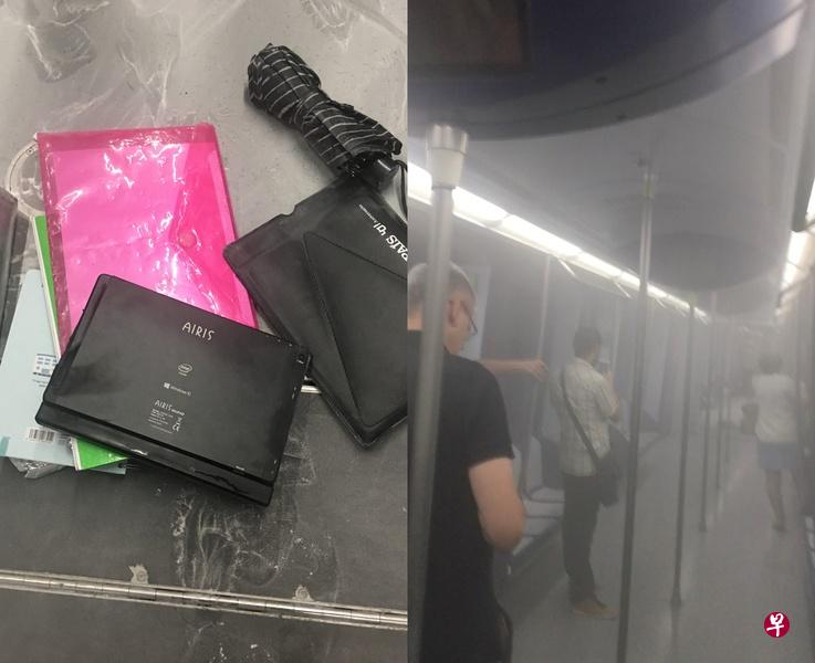 马德里一列列车行驶时，车上一名年轻女乘客包中携带的笔记本电脑（左）因不明原因发生爆炸。车厢内顿时产生大量浓烟（右），12人受轻伤。（路透社）