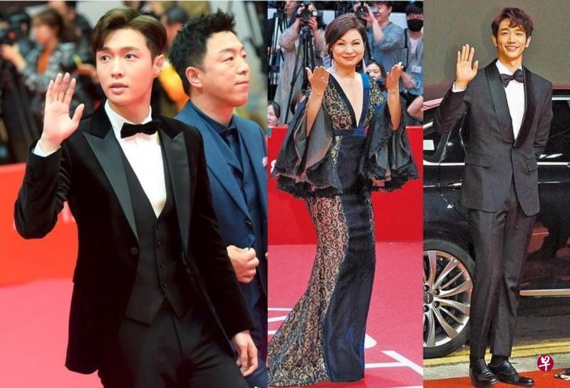 ↑左图左起为：张艺兴、黄渤、杨贵媚、刘以豪。