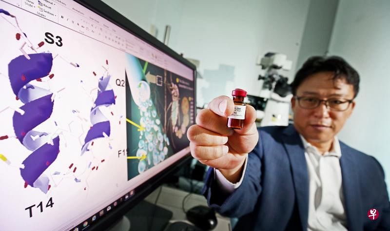 南大材料科学与工程学院副教授赵南俊与研究团队研发出抗病毒人造肽，能破坏兹卡病毒细胞，阻止病毒对人体造成严重感染。（何家俊摄）