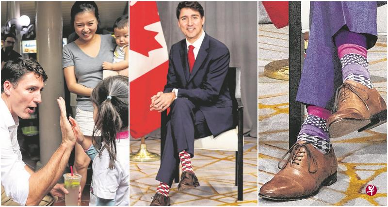 左图：特鲁多与小妹妹亲切交谈。（谢智扬摄） 中图：特鲁多13日会见淡马锡总裁谢松辉的时候，就穿上了红白蓝三色的袜子，正好搭配西装外套、衬衫和领带的颜色。（海峡时报） 右图：特鲁多敢于穿上色彩鲜艳的彩色袜子，出现在外交场合。（互联网）