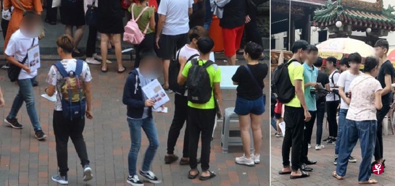 记者走访现场，发现不少手持文件的募款人。（右图）一名阿嫂被四名青年义工包围。