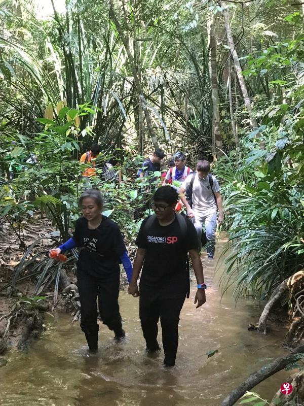 探索山脉游走水路，学生担心随时可能出现水蛭。（图片由新加坡理工提供）