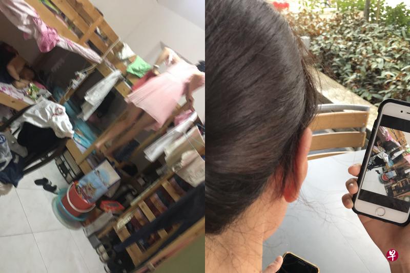 左：义顺出现猪仔屋，单是一间房就放置了三张双层床和挤了六名租客。（受访者提供）右：刘女士向记者出示她拍下“猪仔屋”内部情况的照片。