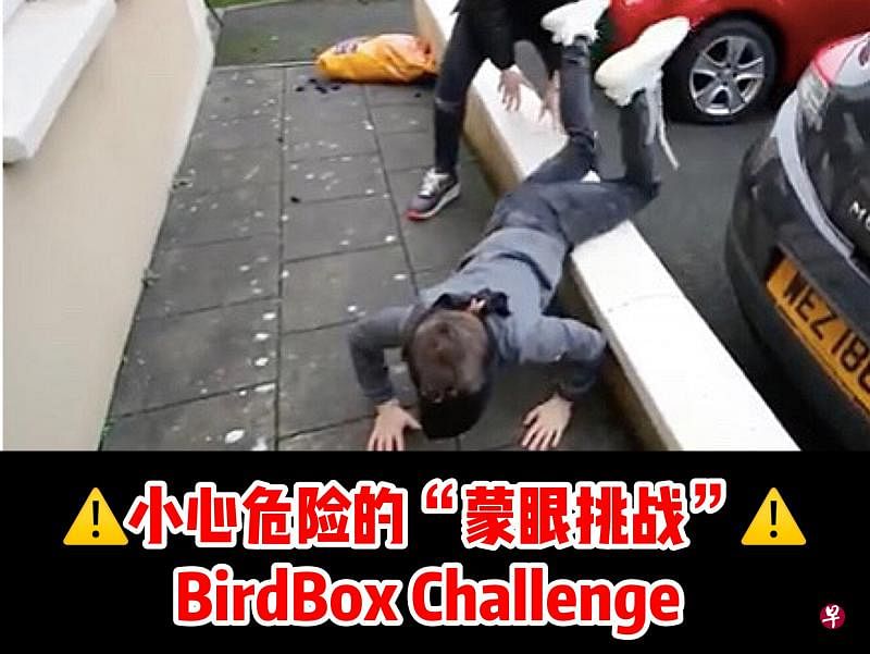 网上流传多名公众因“Bird Box Challenge"而滑倒的画面（取自网络）。