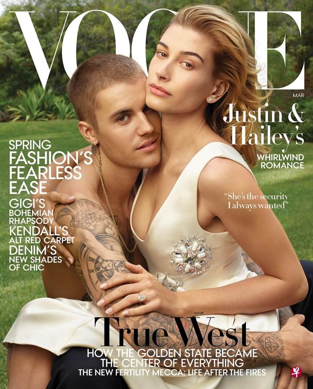 贾斯汀比伯（左）夫妻登上时尚杂志“Vogue”封面。（互联网）