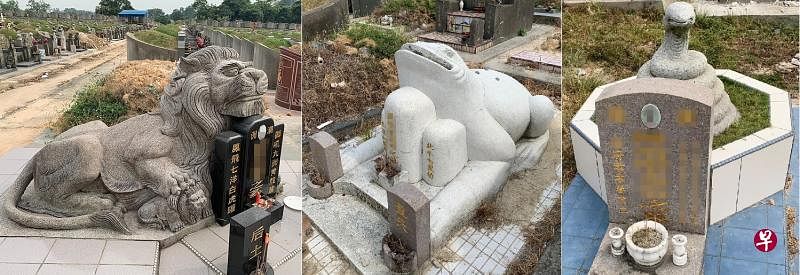 雄狮造型的坟墓在蔡厝港坟场需要迁坟的受影响范围，此外蟾蜍造型坟墓和蛇形坟墓也受影响。（读者提供）