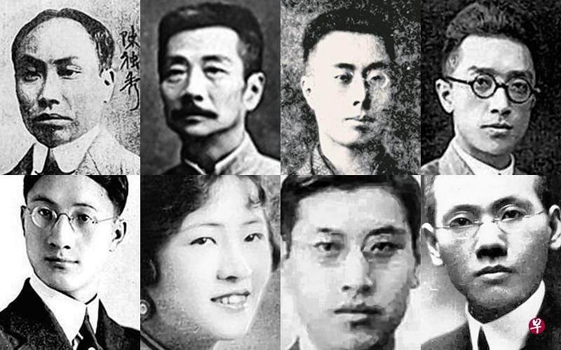 五四新文学的推动者与作家。上排左起：陈独秀、鲁迅、周作人、胡适；下排左起：徐志摩、林徽因、戴望舒、梁遇春。（互联网）
