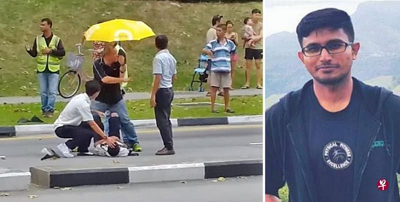 公众为受伤学生撑伞。 死者艾沙特是一名消防员，新婚4个月。（右图／受访者提供）