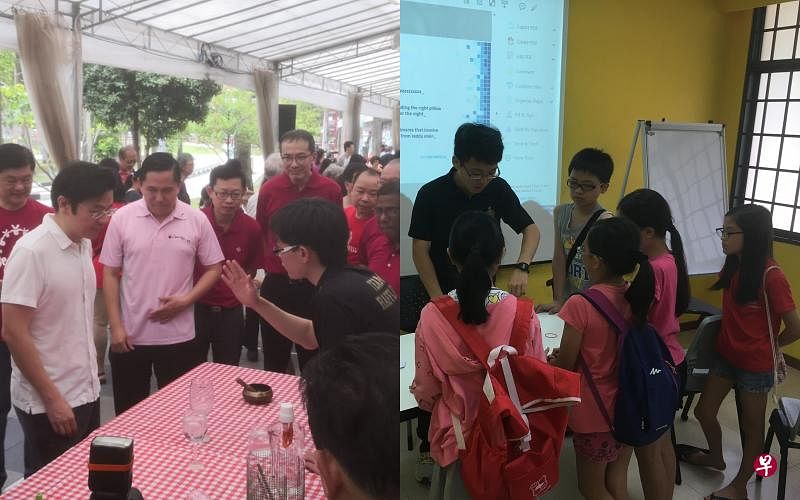 （左）油池华助会外，莱佛士学生为工作人员介绍爱因斯坦计划。（右）