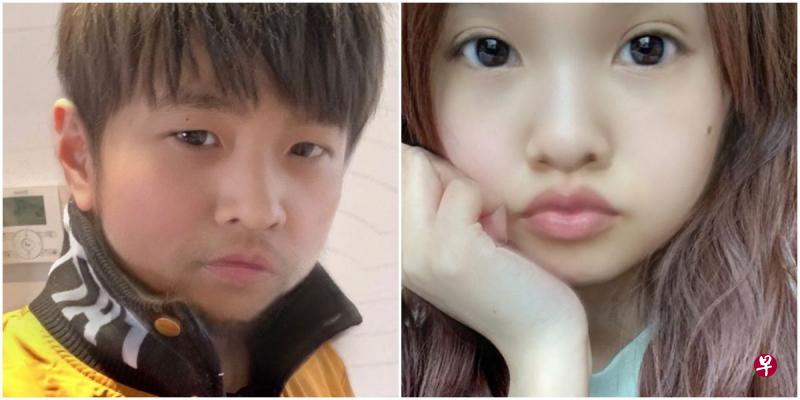 台湾歌手周杰伦（左）和杨丞琳透过“Snapchat”，一秒变童颜。（互联网）
