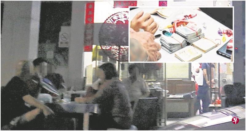 芽笼19巷某公寓的一楼店铺，晚上摇身一变成为非法赌档。（受访者提供）小图：赌桌上可见到至少总值数万元的现钞，相信这些就是庄家放在桌上的赌本。（读者提供）