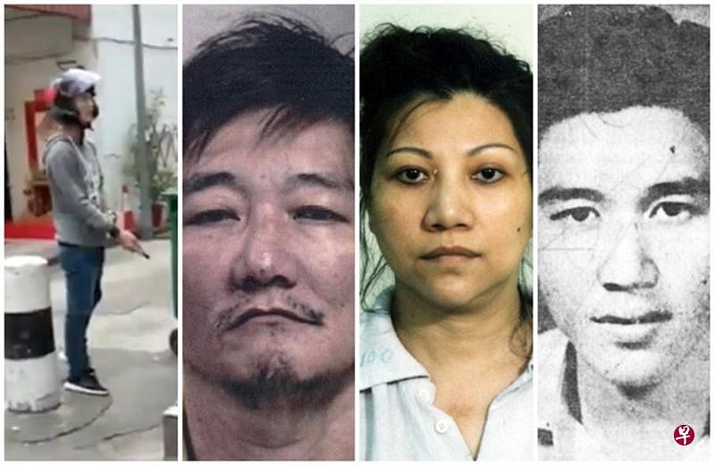 左起：青年张永兴挥刀伤人被判坐牢30个月4周兼打6鞭；青年的父亲张朝金因贩毒被判死刑；姑姑张金凤因谋杀妓女被问吊；表伯林万霖与警探枪战被打死。（档案照）