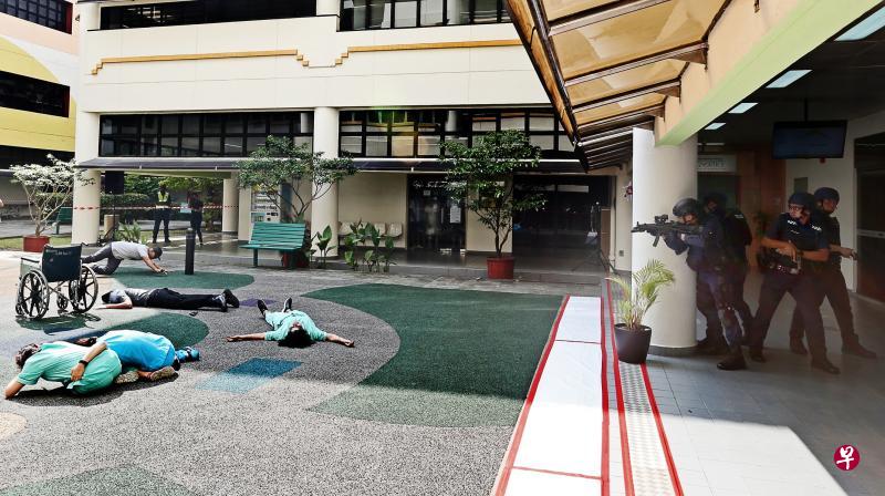枪手闯进宏茂桥太和观医院，警员到场后与枪手正面交锋，最终成功将他们击毙。（陈勇智摄）