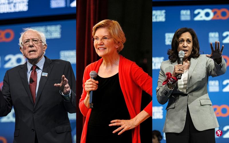 三名民主党总统参选人分别为参议员桑德斯（Bernie Sanders，左起）、伊丽莎白沃伦（Elizabeth Warren）及加利福尼亚州参议员贺锦丽（Kamala Harris）。（彭博社/路透社）