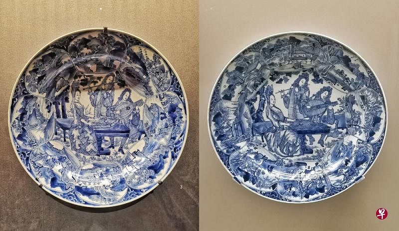 大英博物馆藏的青花瓷盘（左）与亚洲文明博物馆的青花瓷盘（右）乍看相似。