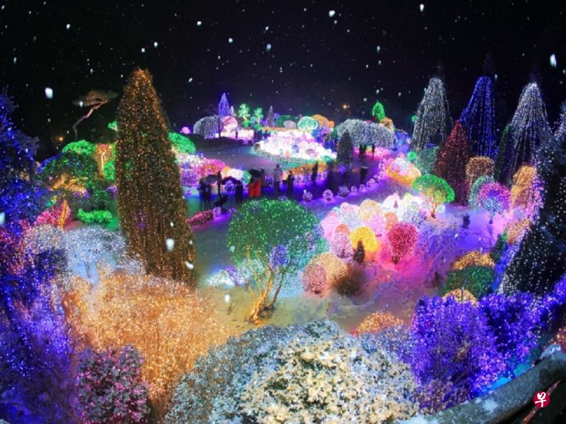  韩国的庭院冬景，在五彩缤纷的灯光中，变成雪光交织的童话仙境。