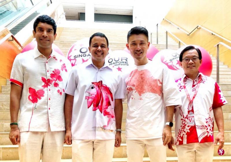 三巴旺集选区议员维凯（左起）、荷兰—武吉知马集选区议员迪舒沙、文化、社区及青年部高级政务次长马炎庆，以及碧山—大巴窑集选区议员钟奇雄都身穿富有本地特色的国庆服装。（马炎庆提供）