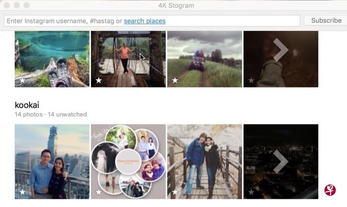 4K Stogram：输入Instagram用户名称、标签（hashtag）或地点名称，并点击Subscribe，即可把个别帖文储存在电脑。