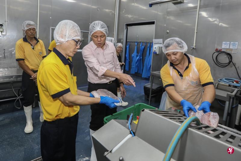 贸工部长陈振声（右二）走访海声渔业加工厂，了解公司如何重新设计工作，让年长员工继续贡献。（梁伟康摄） 
