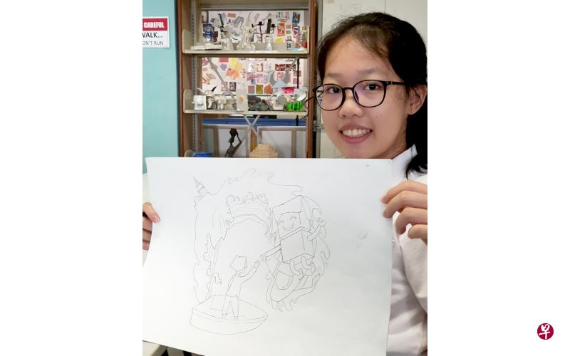 计玥杨以红头巾作为标志设计，代表先驱们为国家发展付出的努力，穿戴红头巾的机器人则象征着未来。（义顺中学提供）