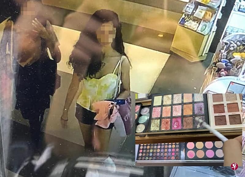 两少女破坏眼影粉，行径遭电眼拍下。（受访者提供）