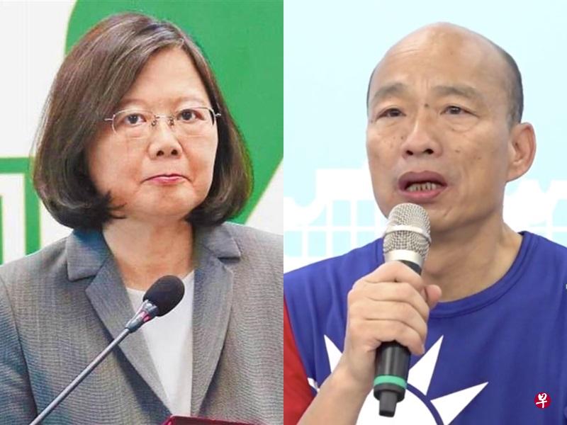 韩国瑜（右）向蔡英文（左）下战帖要辩两岸政策 反被呛应先为高雄市政辩护